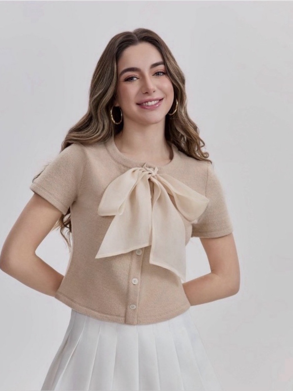 NWT Beige Neck Tie Short Sleeve Button Up Cardigan | XL